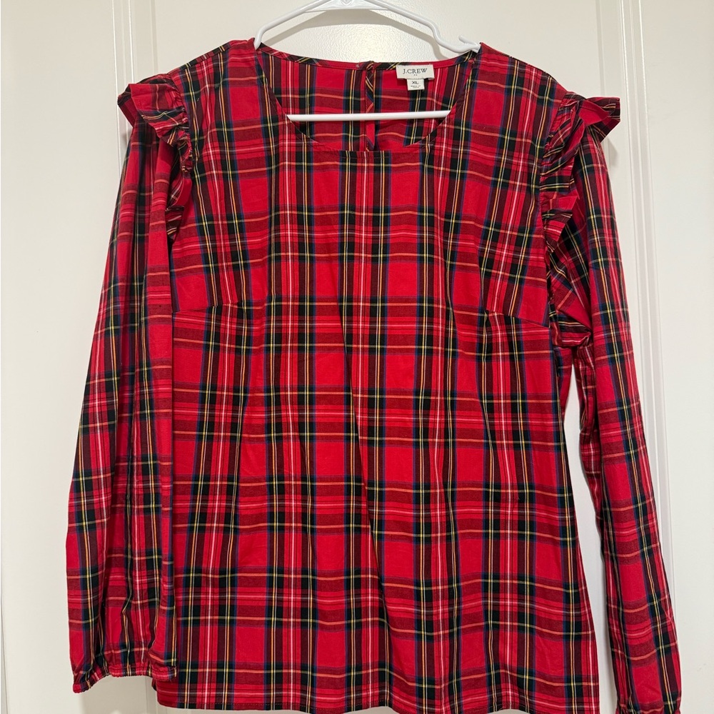 J. Crew Red Plaid (tartan) Ruffle Sleeve Blouse